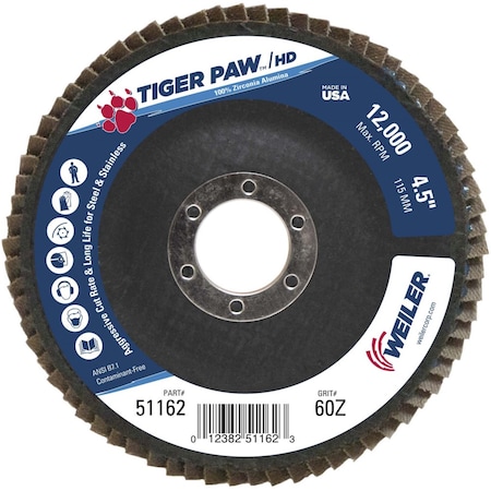 Weiler 4-1/2" Tiger Paw Super High Density Flap Disc, Flat (TY27), 60Z, 7/8" 51162